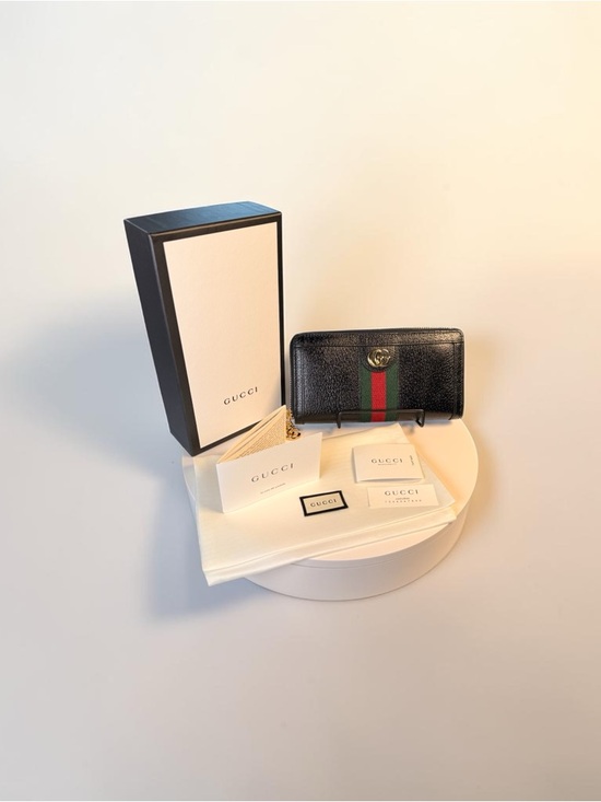 Gucci Handbags - Gucci Black Leather Zip Around Wallet with Green-Red Web